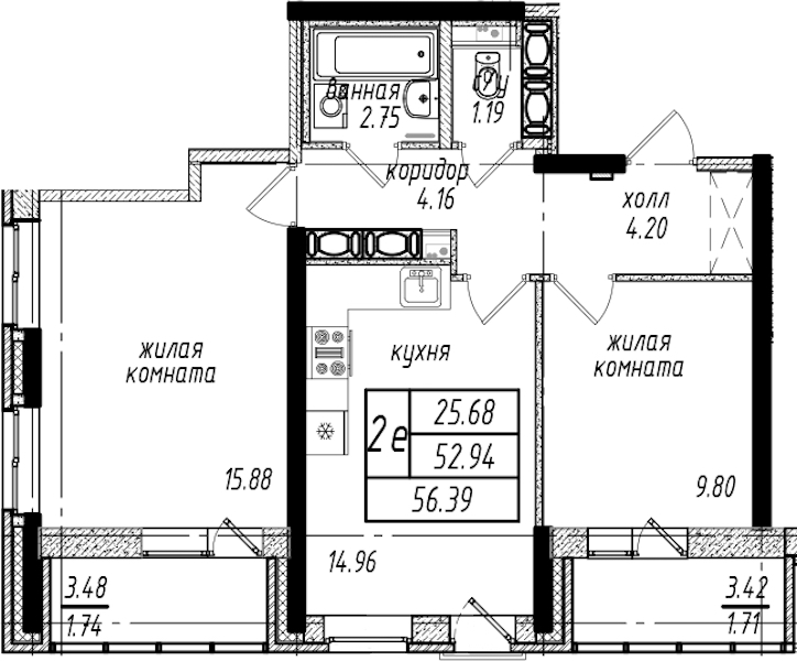2-комнатная квартира 56.39 м², 22/25 эт., ЖК «Северная Долина»